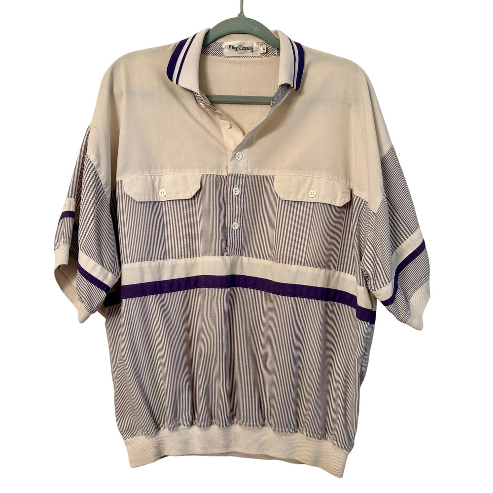 Oleg Cassini‎ Shirt Womens Large White Purple Striped Tennis Golf Vintage 80s